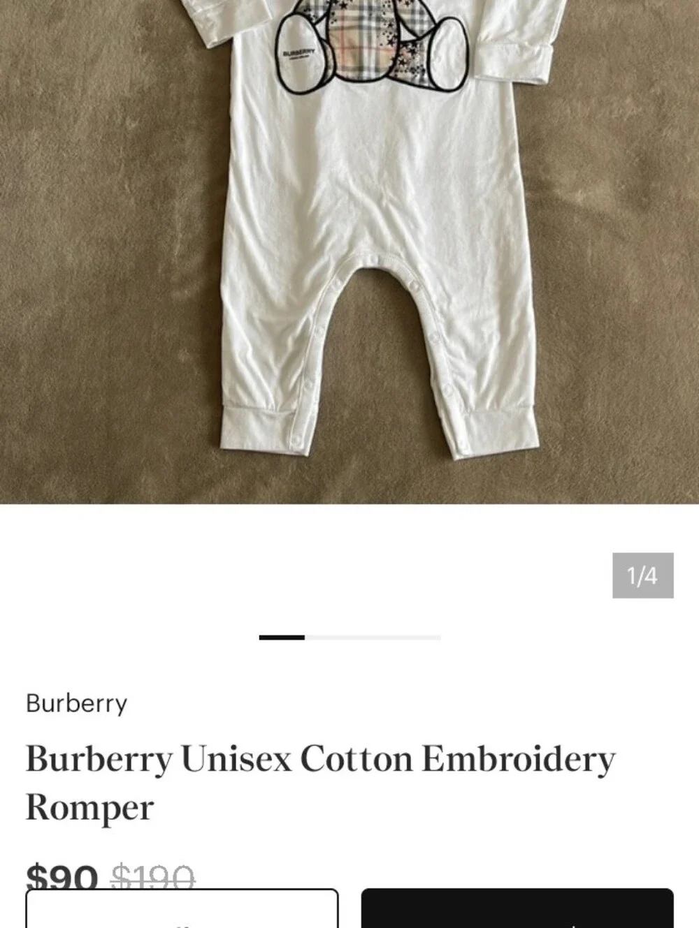 Burberry Cotton Unisex Embroidery Romper Size